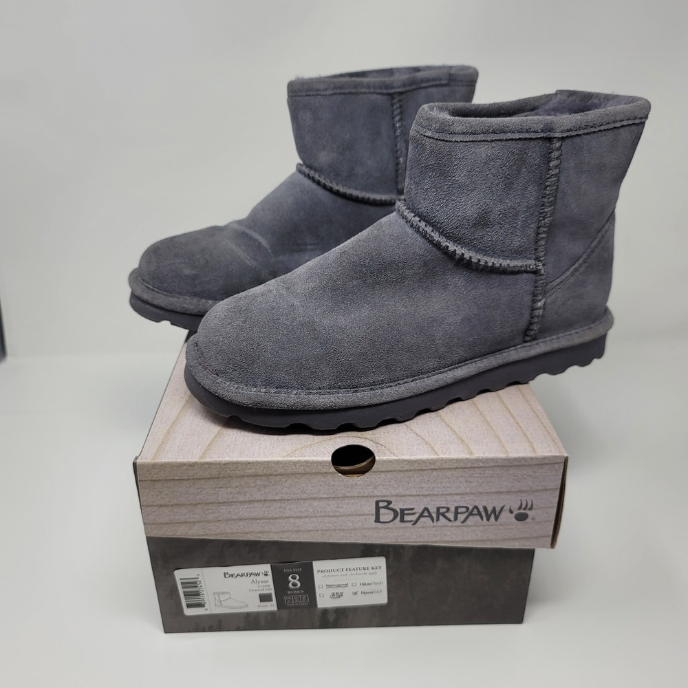 Bearpaw Alyssa Suede Sheepskin Ankle Chukka Boot Sz 8M Charcoal Grey NeverWet